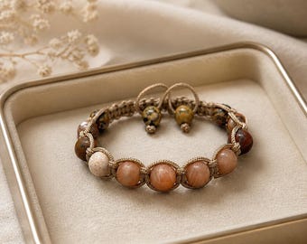 Leopard Jasper and Sunstone Macrame Bracelet | Adjustable Boho Gemstone Bracelet | Grounding & Positive Energy Crystal Jewelry |Gift for Her