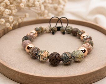 Matte Leopard Jasper Bracelet, Lava Stone Essential Oil Diffuser Bracelet, Rose Gold Gemstone Bracelet, Adjustable Boho Jewelry Gift for Her