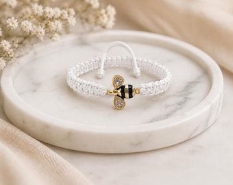 Honey Bee White Macrame Bracelet: Adjustable Bee Kind Nylon Jewelry