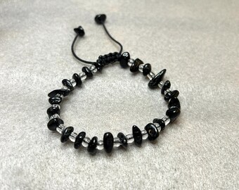 Black Onyx Chip Stone Bracelet, Adjustable Gemstone Bracelet