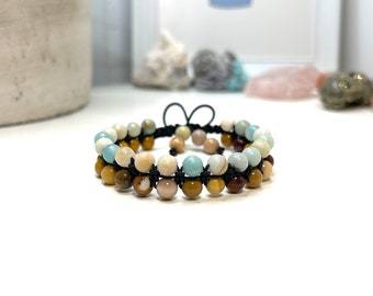 Customizable Amazonite Mookaite Double Gemstone Bracelet, Adjustable Gemstone Bracelet, Double Gemstone Macrame Jewelry, Gifts for Her