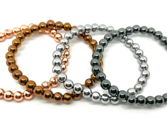 Rose Gold Bracelet, Titanium, Hematite and Bronze Gemstone Stretch Bracelet, 4mm and 6mm Stackable Gemstone Bracelets
