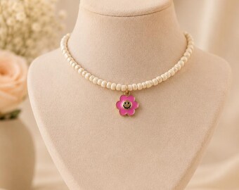 Handmade Pink Smiley Flower Beaded Choker Necklace | Cute Y2K Jewelry | Kawaii Aesthetic Necklace | Gift for Her | Coquette Jewelry