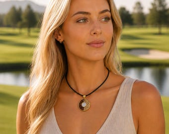 Brown & Beige Glitter Necklace | 25mm Gold Pendant Necklace | Golf Inspired Sparkle Jewelry | Neutral Glitter Statement Necklace