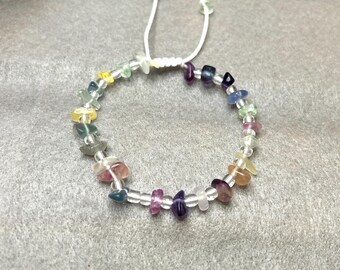 Rainbow Flourite Chip Stone Bracelet, Adjustable Gemstone Bracelet