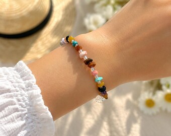 Mixed Gemstone Chip Stone Bracelet | Adjustable Crystal Bracelet | Handmade Boho Gemstone Jewelry | Multicolor Healing Stone Bracelet Gift