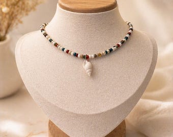 Boho Beaded Shell Choker Necklace | 16” Handmade Beach Jewelry | Colorful Seed Bead Necklace | Summer Coastal Gift for Her