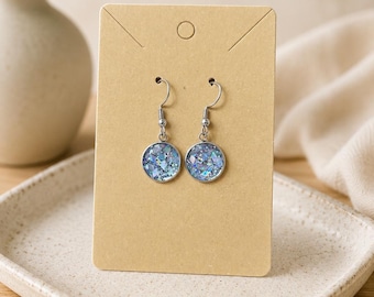 Silver Glitter Druzy Style Dangle Earrings | 12mm Stainless Steel Earrings | Sparkly Resin Glitter Earrings | Hypoallergenic Silver Drop