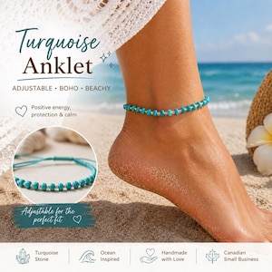 May include: Turquoise anklet with adjustable design. The beaded ankle bracelet features turquoise stones and silver-colored beads. The text on the image says "Adjustable, Boho, Beachy". The anklet is handmade and ocean-inspired.