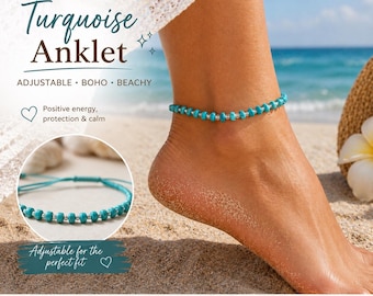 Turquoise Beaded Anklet, Adjustable Summer Anklet, Boho Beach Jewelry, Turquoise Chip Anklet, Minimalist Anklet Gift for Her