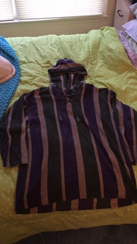 Vintage Hooded Purple and Green Striped Poncho