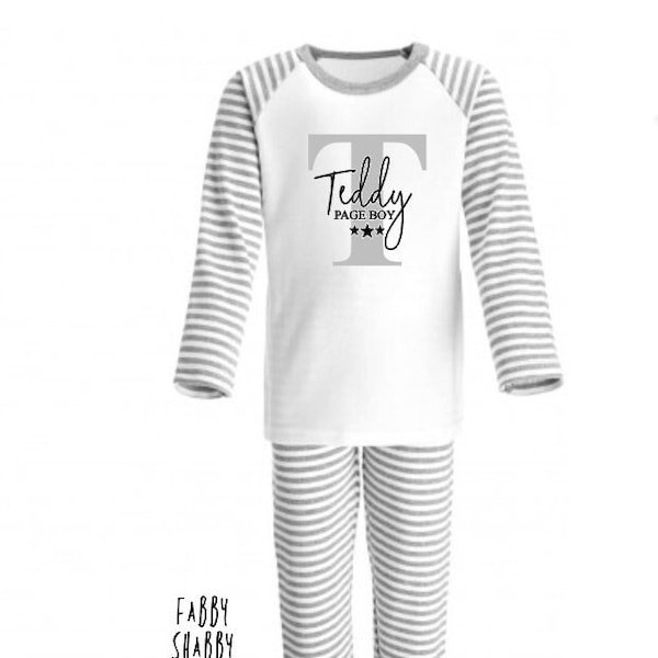 Personalised childrens stripe page boy / ring bearer pyjamas / PJs / wedding day gift choice of colours grey or blue