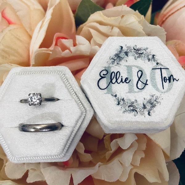 Personalise Me! Luxury velvet double wedding ring box / white plush with sage foliage design