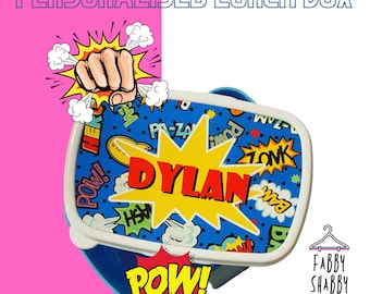 Personalised comic themed lunch box / plastic food storage pot / packed lunch / back to school