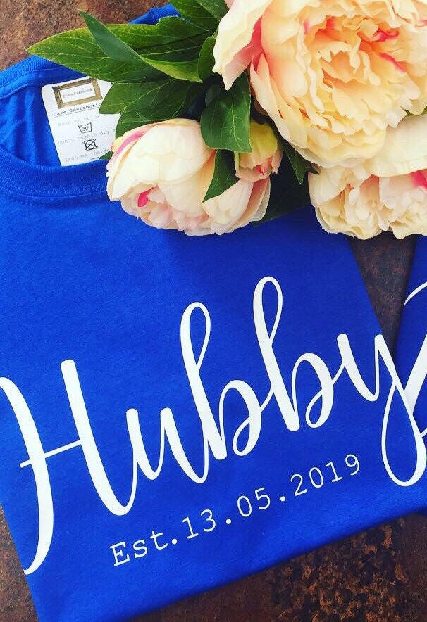 Image of Personalised Hubby T-Shirt , New Huspand Crew Neck Tee, Wedding Breakfast T-Shirt, Groom, Est Your Date
