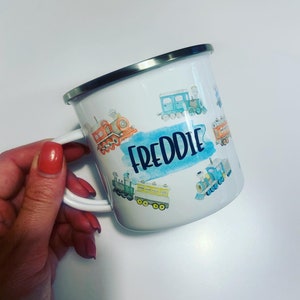Personalised name tiny watercolour train print mug / enamel cup / camping
