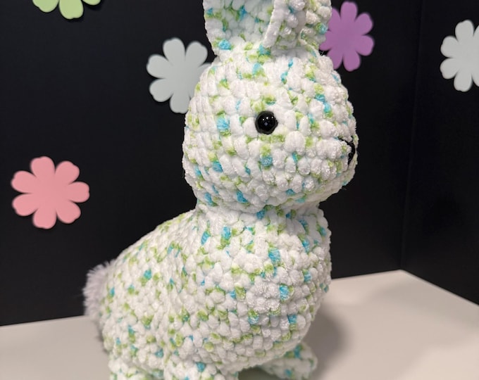 14 Inch Crochet Bunny - Handmade in White, Blue & Green Yarn