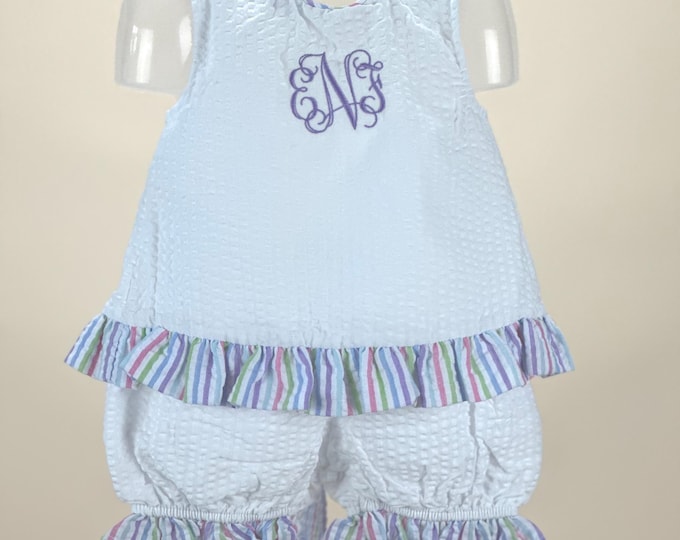 Monogrammed | Personalized Seersucker Bloomers and Tie Back Top - Baby Girls 2-Piece Swing Back Set