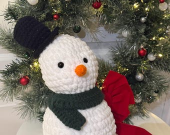 Charming crochet, handmade snowman plush—13 inches tall with green scarf