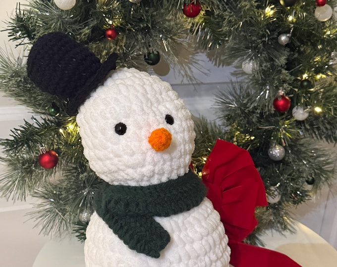 Charming crochet, handmade snowman plush—13 inches tall with green scarf