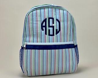 Personalized Seersucker Backpack | Fully Lined with Interior Pocket & Mesh Side Pockets