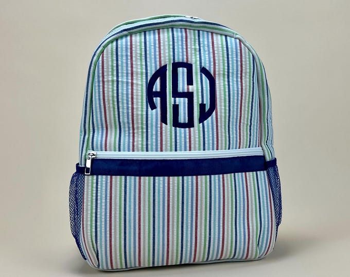 Personalized Seersucker Backpack | Fully Lined with Interior Pocket & Mesh Side Pockets