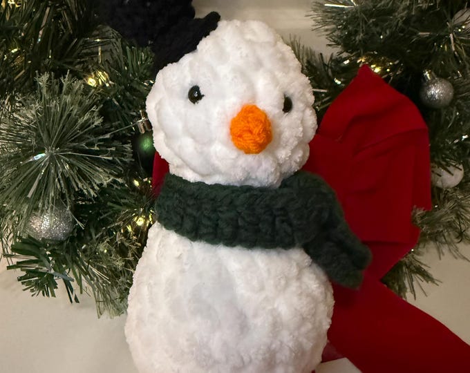 8” Handcrafted Crocheted Snowman in Green Scarf | Joyful Holiday Decor