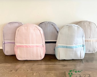 Personalized Seersucker Backpack | Fully Lined with Interior Pocket & Mesh Side Pockets