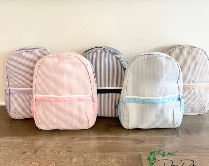 Personalized Seersucker Backpack | Fully Lined with Interior Pocket & Mesh Side Pockets