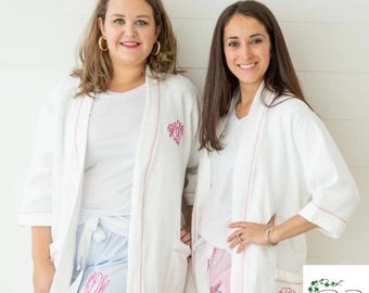 Monogram | Personalized Waffle Robe: Seersucker Trim, Cotton Lounge Wear