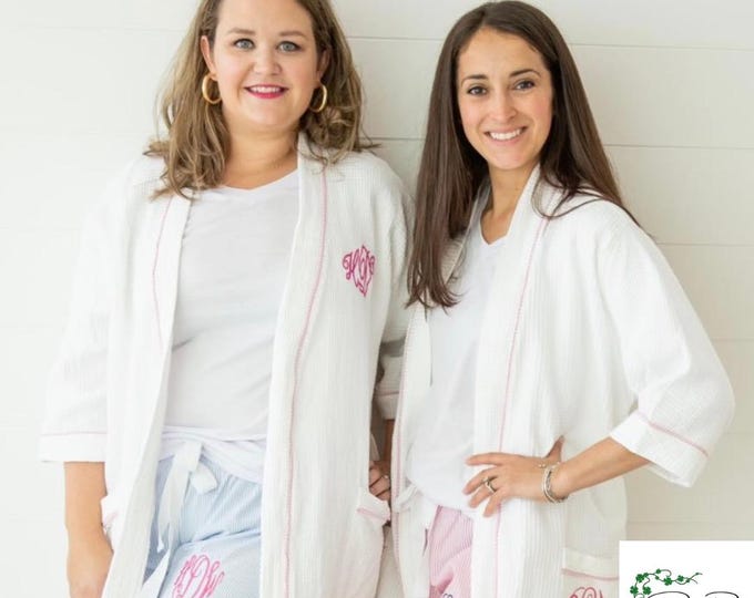 Monogram | Personalized Waffle Robe: Seersucker Trim, Cotton Lounge Wear