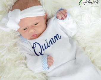 Custom Baby Gown with Sweet Seersucker Trim
