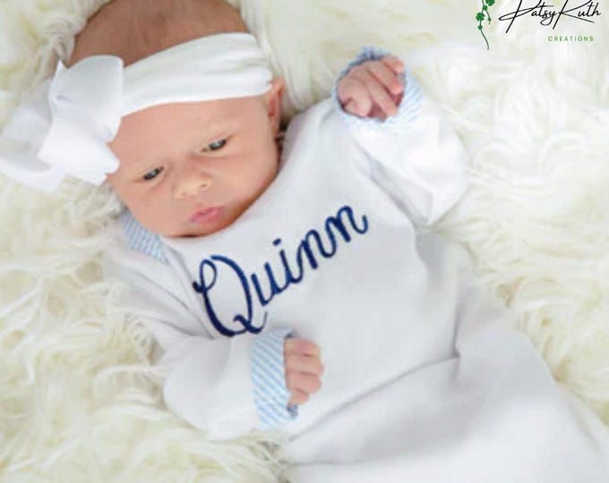 Custom Baby Gown with Sweet Seersucker Trim