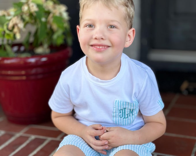 Monogrammed Baby Seersucker Pocket Tee-Short Sleeve Pocket Tee-Personalized Pocket Tee-Monogrammed Spring Clothes