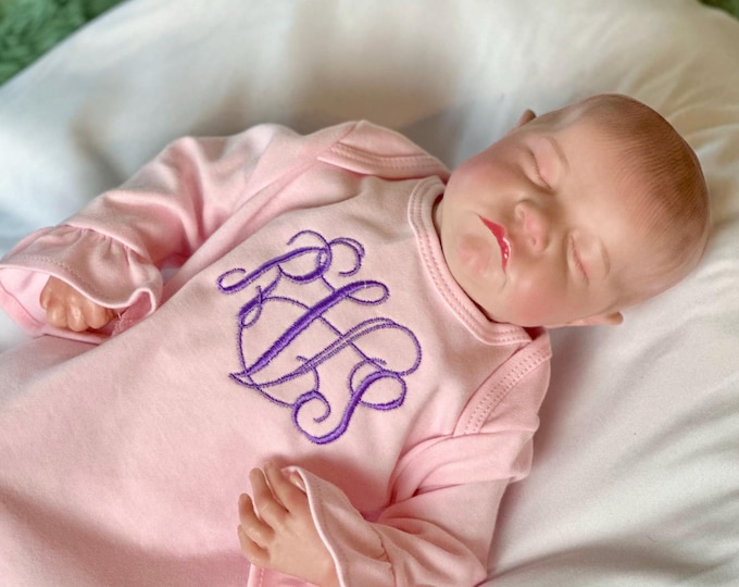 Custom Infant Gown - Monogrammed, Hidden Side Zipper, Lap Shoulder, Elastic Bottom