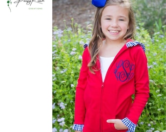 Custom Monogrammed Girls' Hoodie Jacket—Gingham Accents