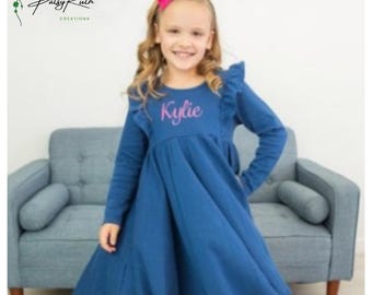 Customized Long Sleeve Girls Twirl Dress - Monogrammed Ruffle Dress