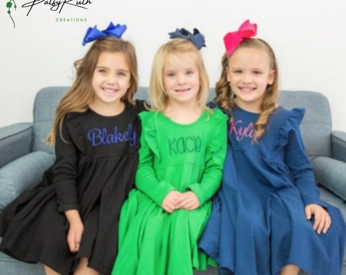 Customized Long Sleeve Girls Twirl Dress - Monogrammed Ruffle Dress