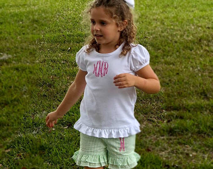 Monogrammed Seersucker Ruffle Shorts-Girls Monogrammed Shorts-Seersucker Ruffle Shorts