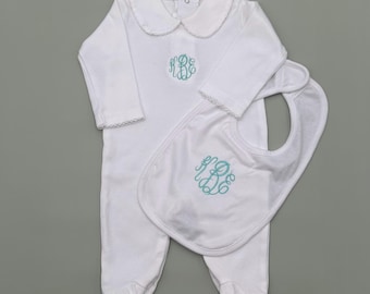 Personalized Baby Gift Set-Newborn Gift Set-Going Home Outfit Set-Infant Footie and Bib Set-Monogrammed Baby Gift Set