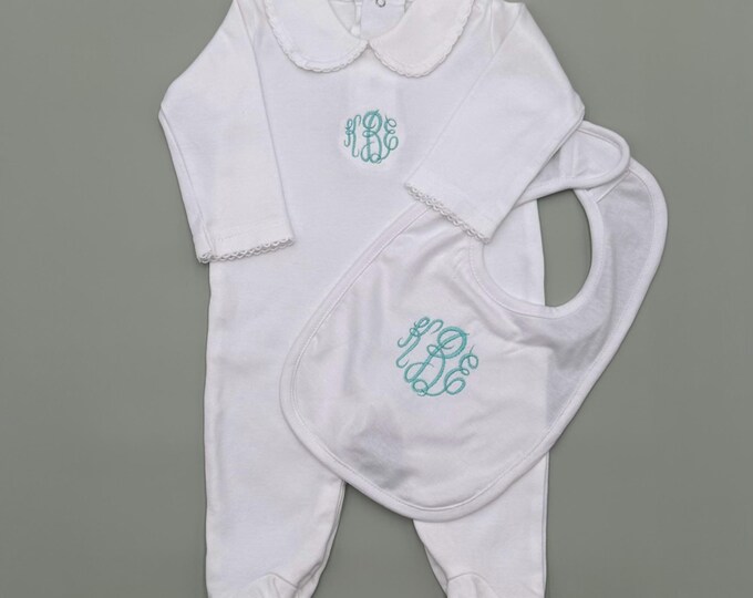 Personalized Baby Gift Set-Newborn Gift Set-Going Home Outfit Set-Infant Footie and Bib Set-Monogrammed Baby Gift Set