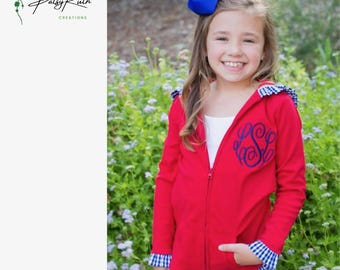 Custom Monogrammed Girls' Hoodie Jacket—Gingham Accents