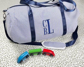 Monogrammed Seersucker Duffel Bag-Personalized Seersucker Duffle Bag-Small Duffle - Children's Sized Overnight Bag