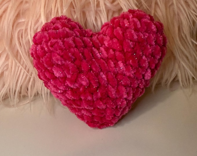 Handmade 4 inch, sparkly bright pink crochet heart