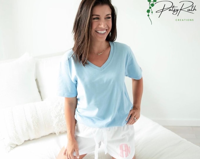 Women's Monogram Sleep Tee/V-Neck Sleep T-Shirt/Monogrammed Sleep T-Shirt/Monogrammed Sleep Top/Personalized Short Sleeve Sleep T-Shirt