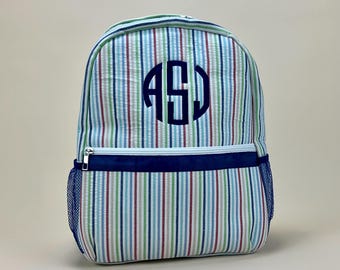 Personalized Seersucker Backpack | Fully Lined with Interior Pocket & Mesh Side Pockets