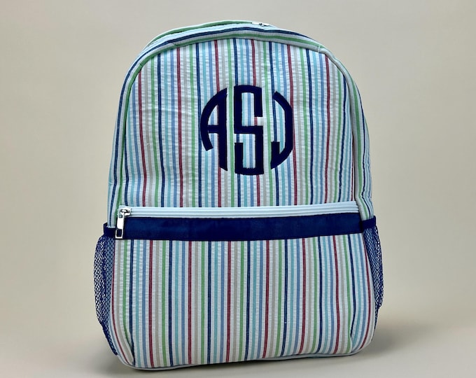 Personalized Seersucker Backpack | Fully Lined with Interior Pocket & Mesh Side Pockets