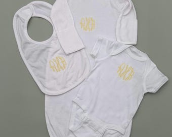 Personalized Baby Gift Set-Newborn Gift Set-Going Home Outfit Set-Infant Bodysuit, Gown, and Bib Set-Monogrammed Baby Gift Set
