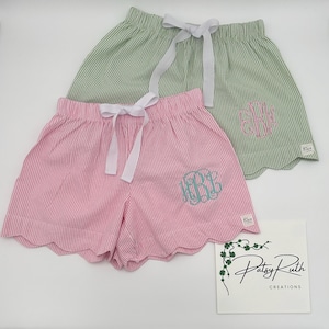 Personalized Seersucker Sleep Shorts with Scalloped Hem - Custom Name Monogram Design