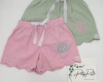 Personalized Seersucker Sleep Shorts with Scalloped Hem - Custom Name Monogram Design